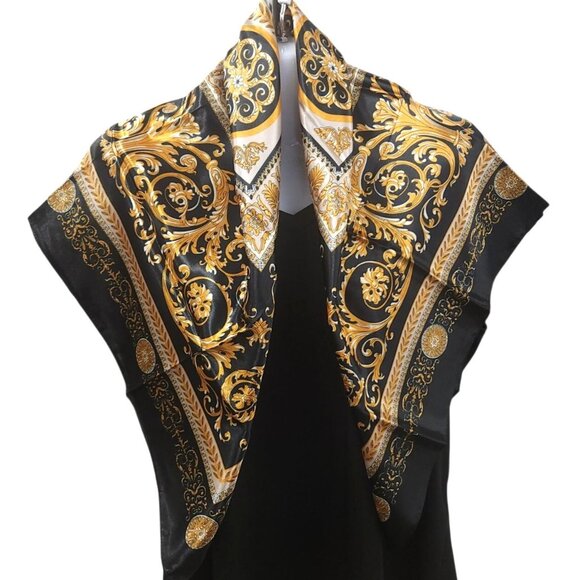 Gold Baroque Square Scarf 100% Polyester Black & Gold Accents  35"x35" - Picture 10 of 12